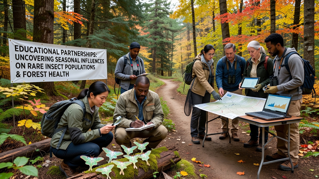 Students and researchers reviewing trap results and canopy sensor readings in a forest clearing